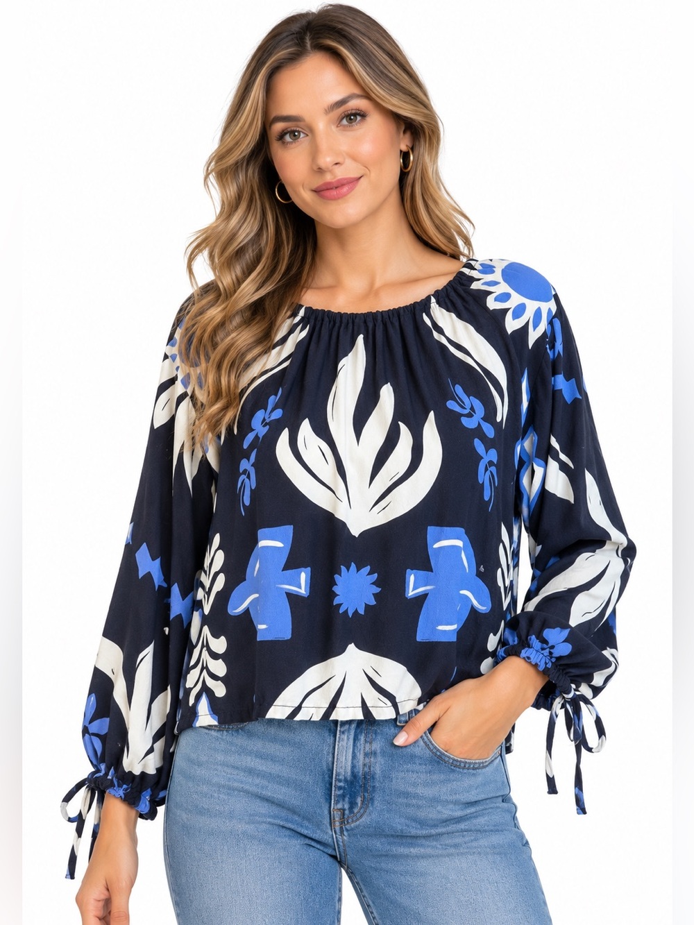 Fifteen Twenty Navy, Royal Blue & White Printed Peasant Blouse